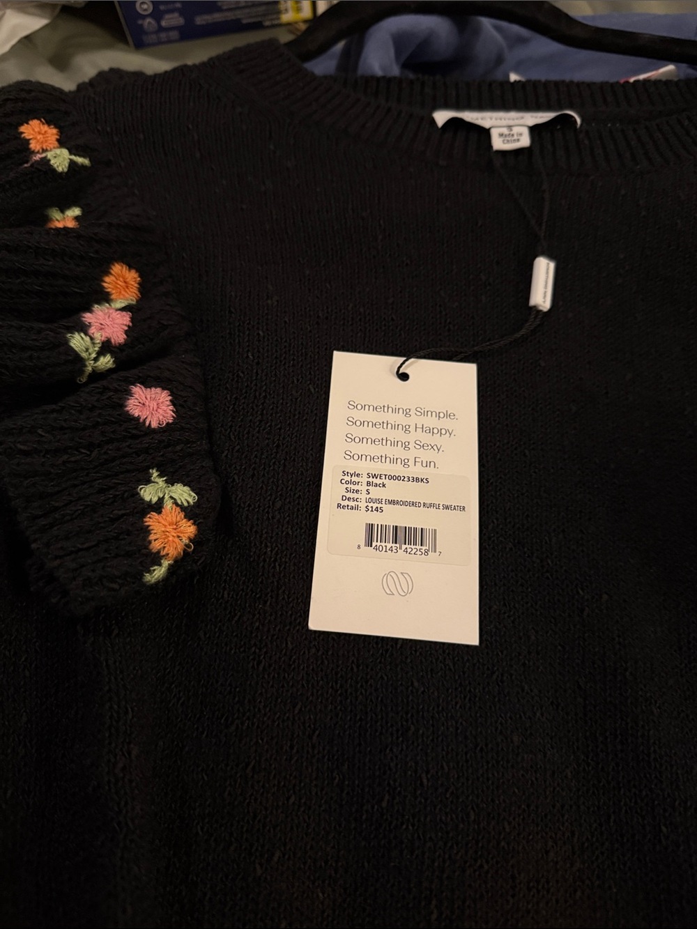 Something Navy Black Crew Sweater with Pink, Orange & Green Floral Embroidery